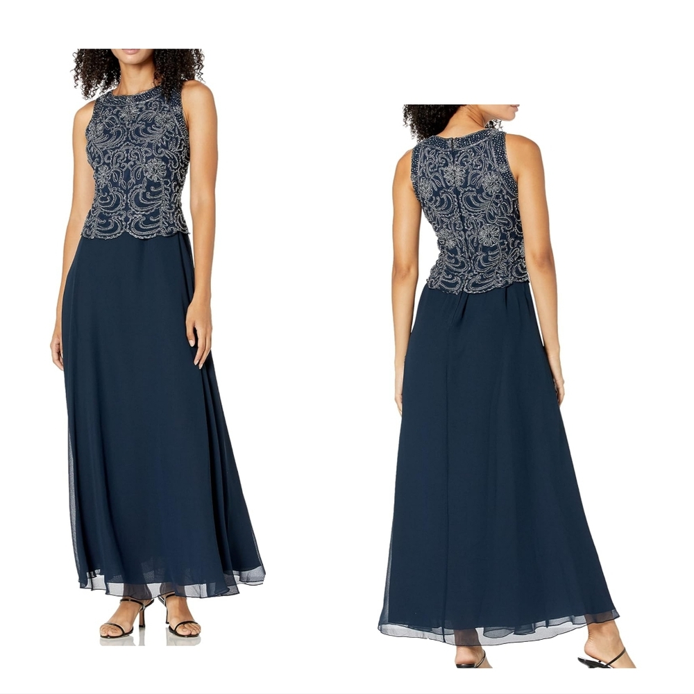 NWT J Kara Sleevess Scallop Long Beaded Dress, Size 18